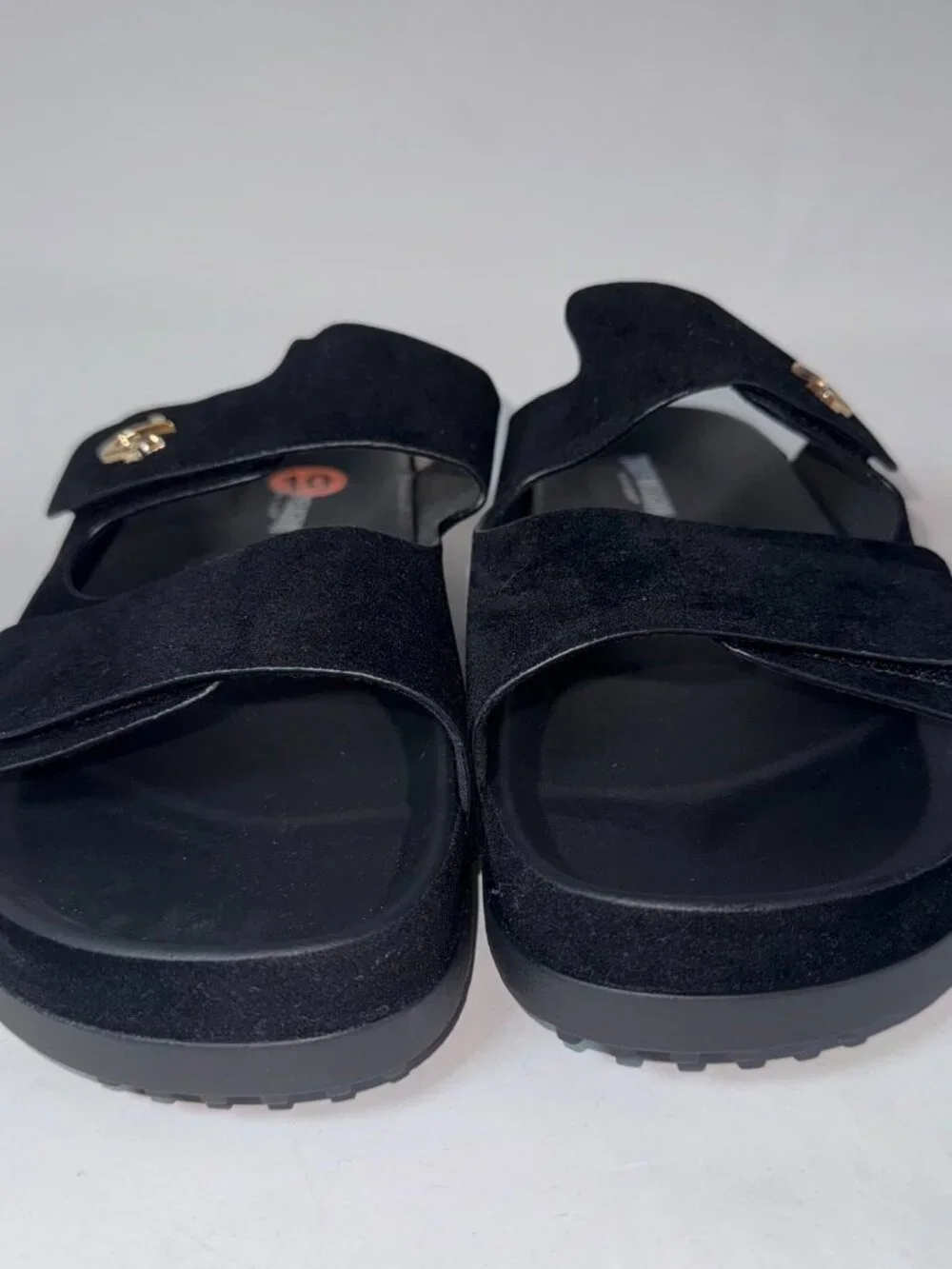 True Religion Men's Sean double-strap sandals in black,metal horseshoe logo hard